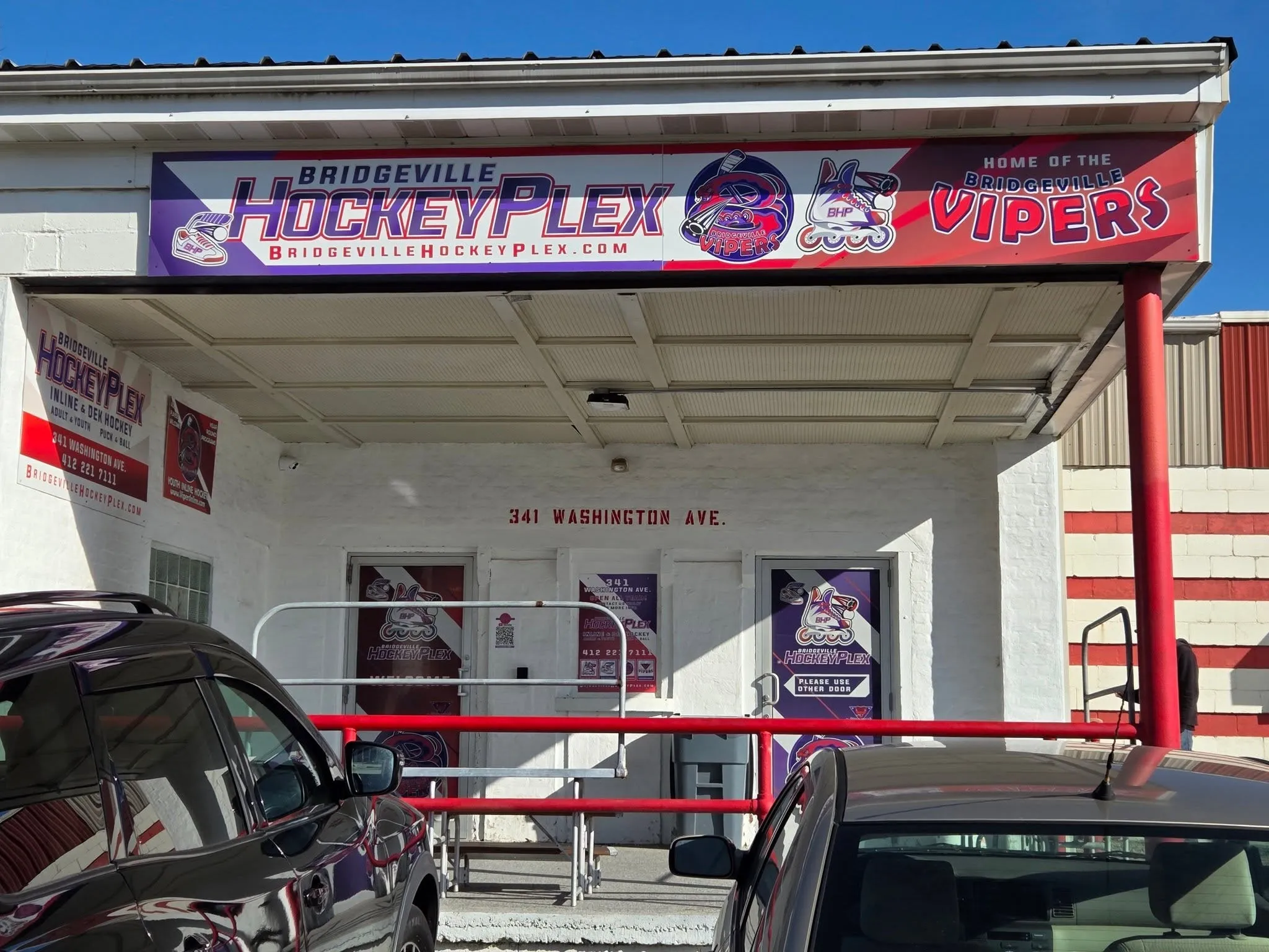 The front entrance of the Bridgeville HockeyPlex, with the Home of the Bridgeville Vipers sign above the doors